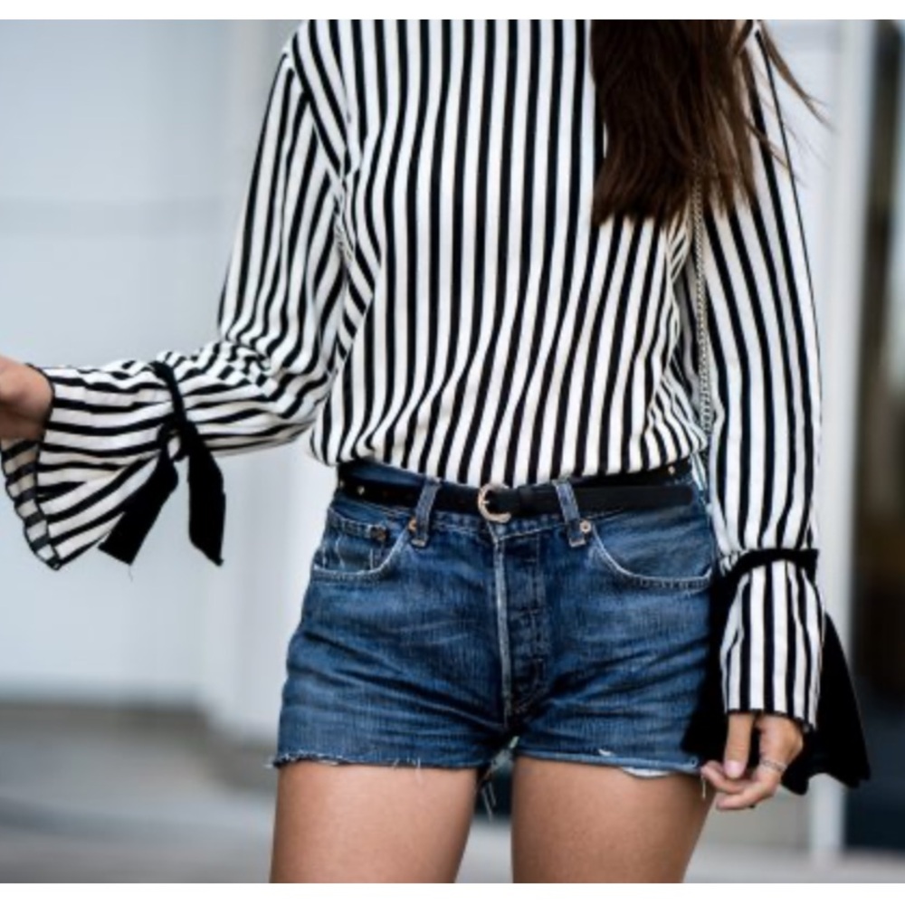 Zara Black and White Striped Bell Sleeve Open Back Shirt Top